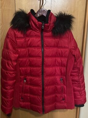 Nautica Bright Red Quilted Puffer Jacket with Black Faux Fur Hood Trim